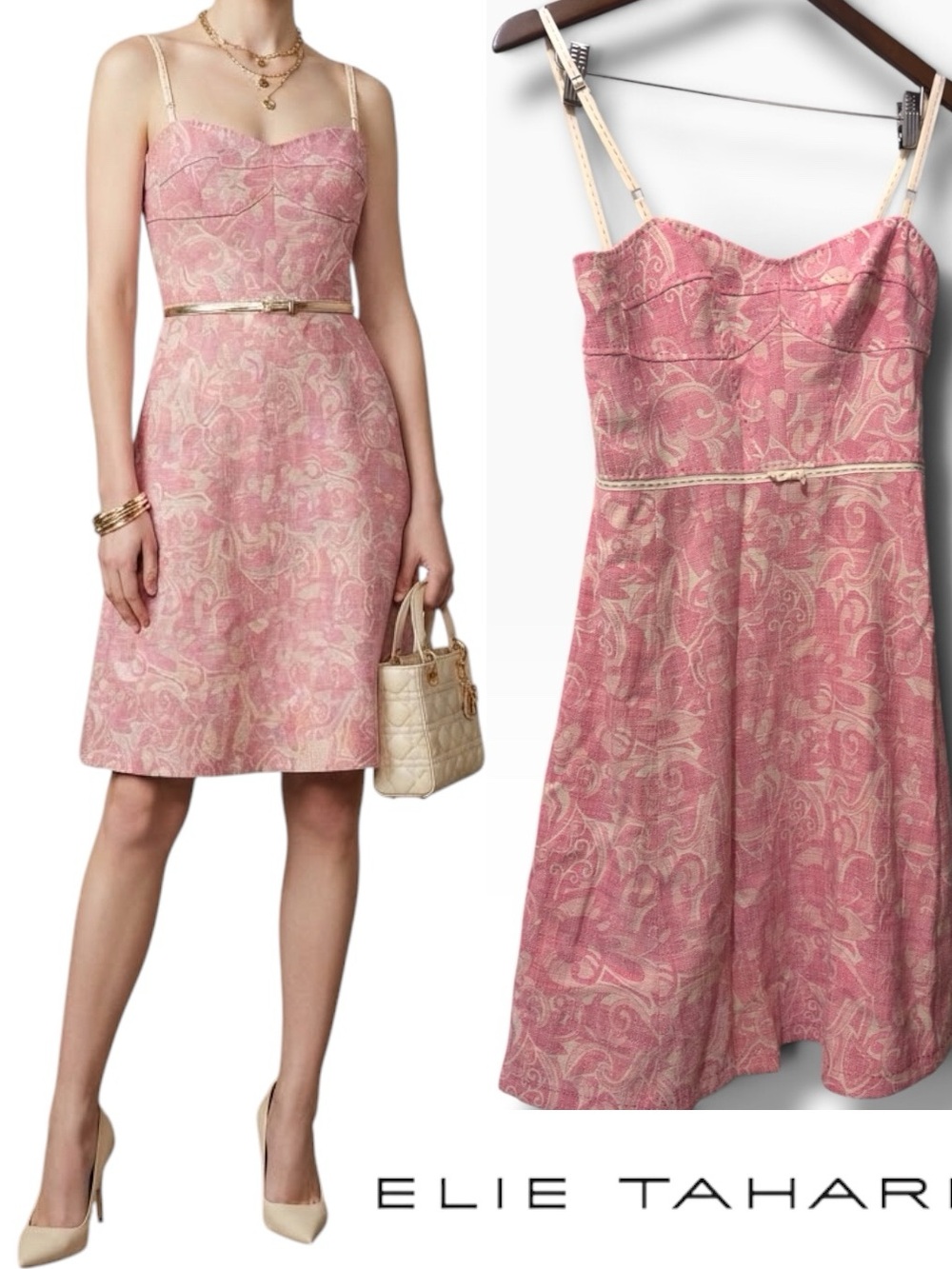 Elie Tahari | NWOT Pink Paisley Jacquard Spaghetti A-Line Strap Dress (size 6)